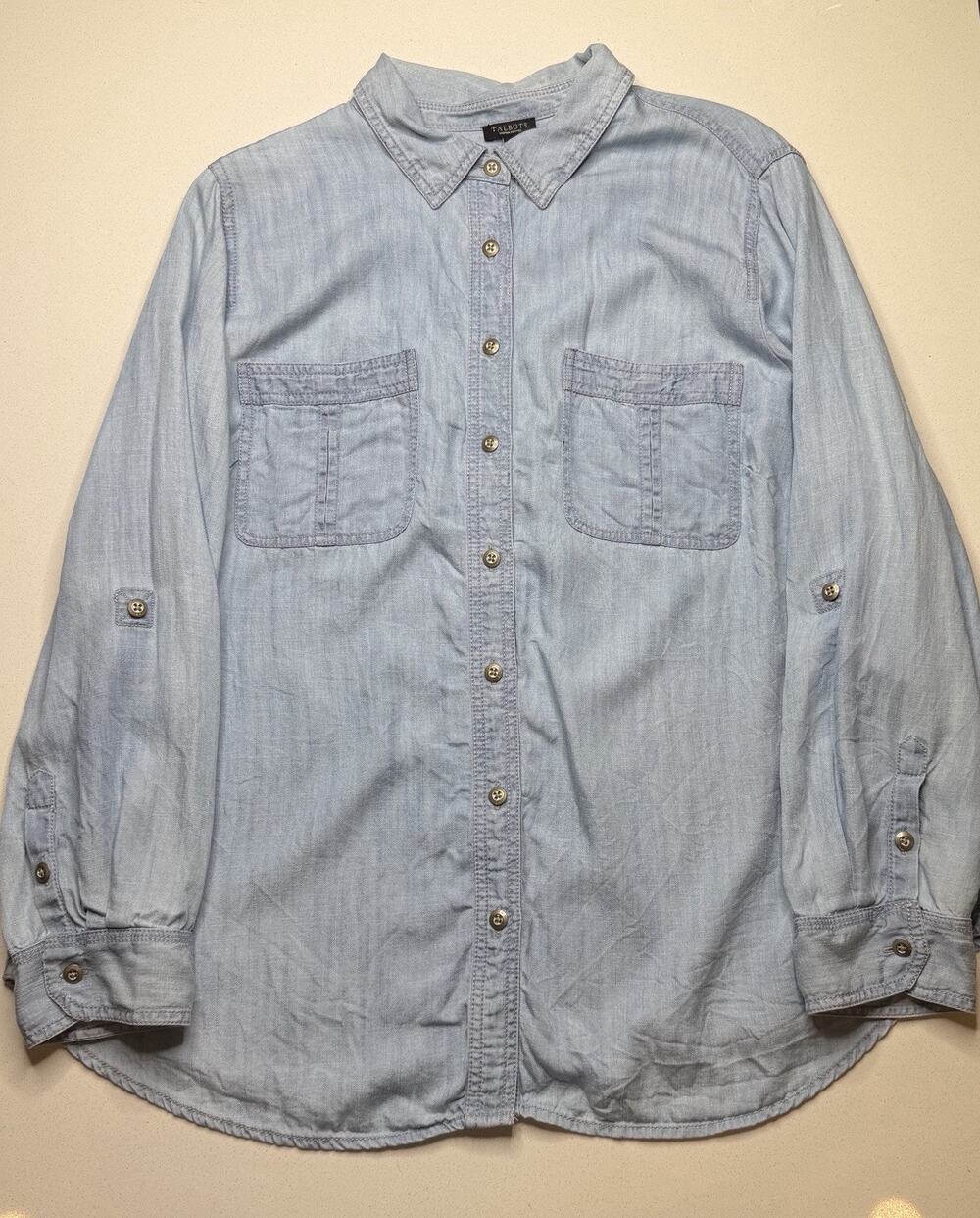 Talbots Chambray Button Front Shirt Size 2XP Lyocell Blue Roll Tab Sleeve